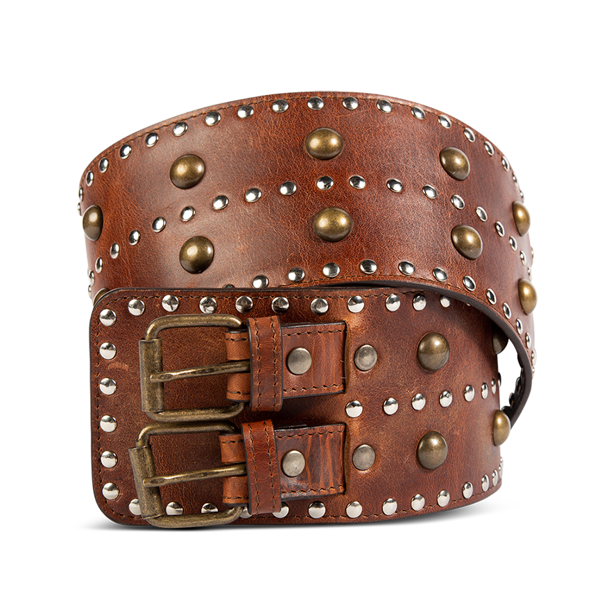 FREEBIRD Aline cognac full grain leather belt featuring rustic stud embellishments and double belt accent