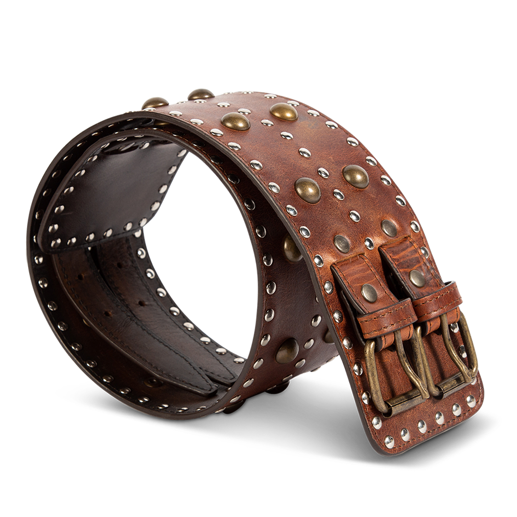 Aline cognac side view featuring double buckle closure and stud embellishments on FREEBIRD full grain leather belt