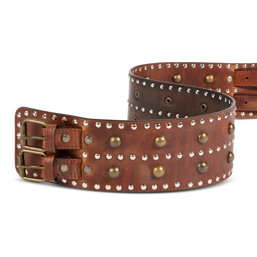 Aline cognac front view featuring double buckle closure and stud embellishments on FREEBIRD full grain leather belt