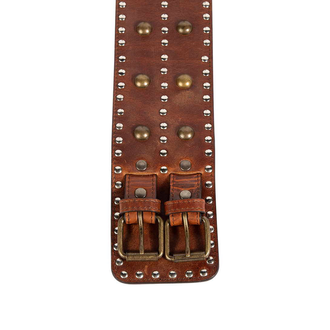 Aline cognac top view rustic double buckles on FREEBIRD full grain leather belt