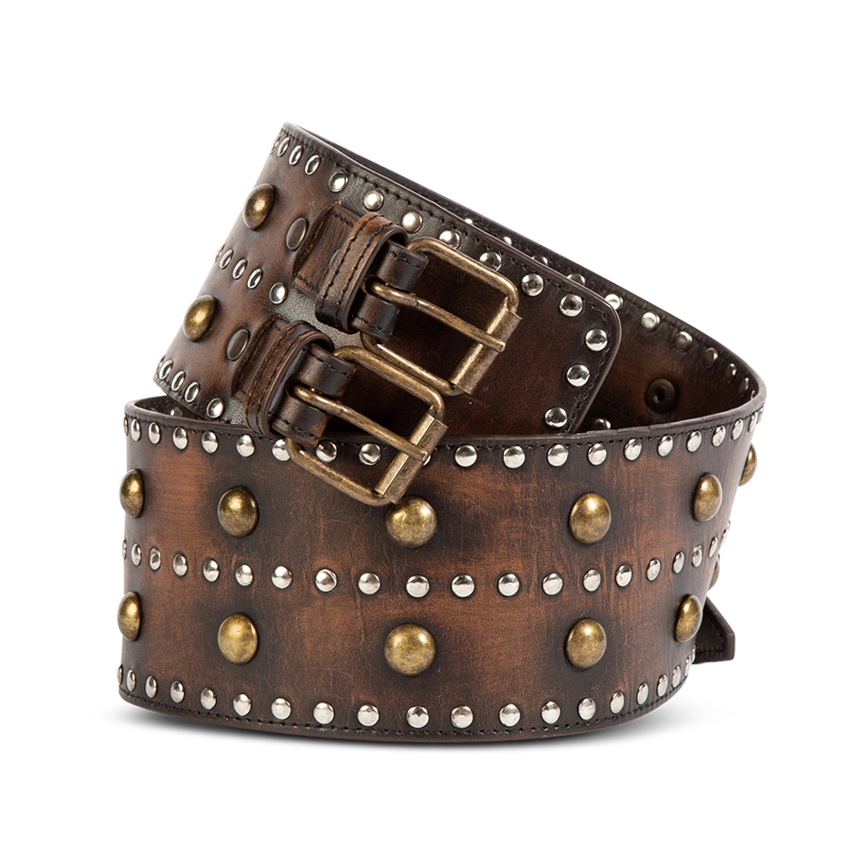 FREEBIRD Aline black full grain leather belt featuring rustic stud embellishments and double belt accent