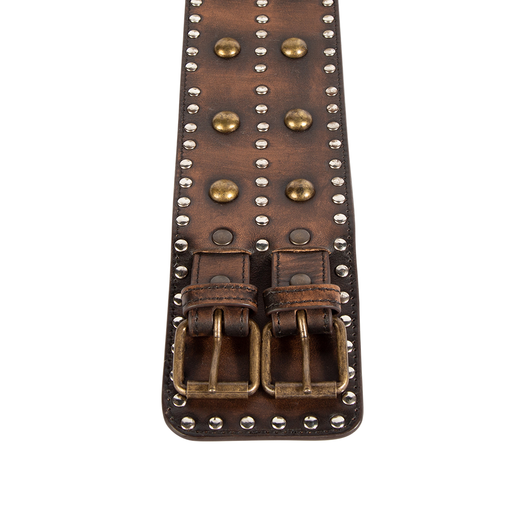 Aline black top view rustic double buckles on FREEBIRD full grain leather belt