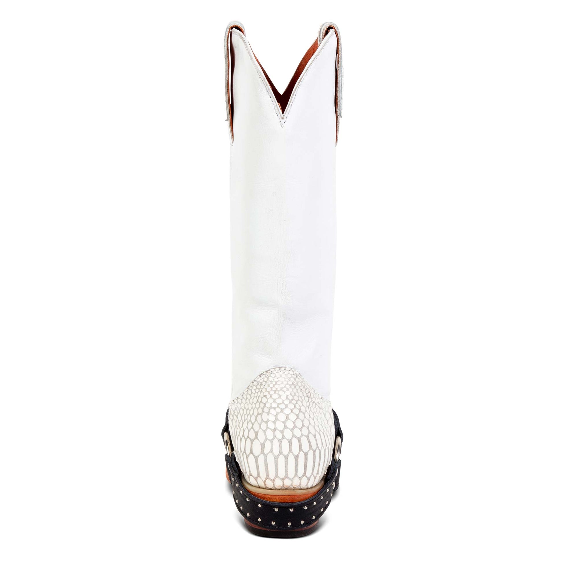 Back view showing scallop dip and embellished leather harness on FREEBIRD women's Lusitano white snake boot