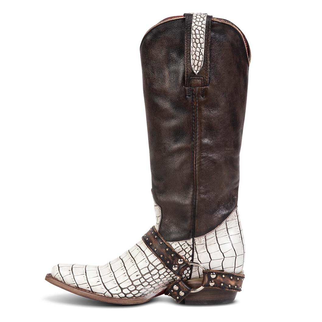 Inside view showing pull straps and western ankle harness on FREEBIRD women's Lusitano white croco multi boot