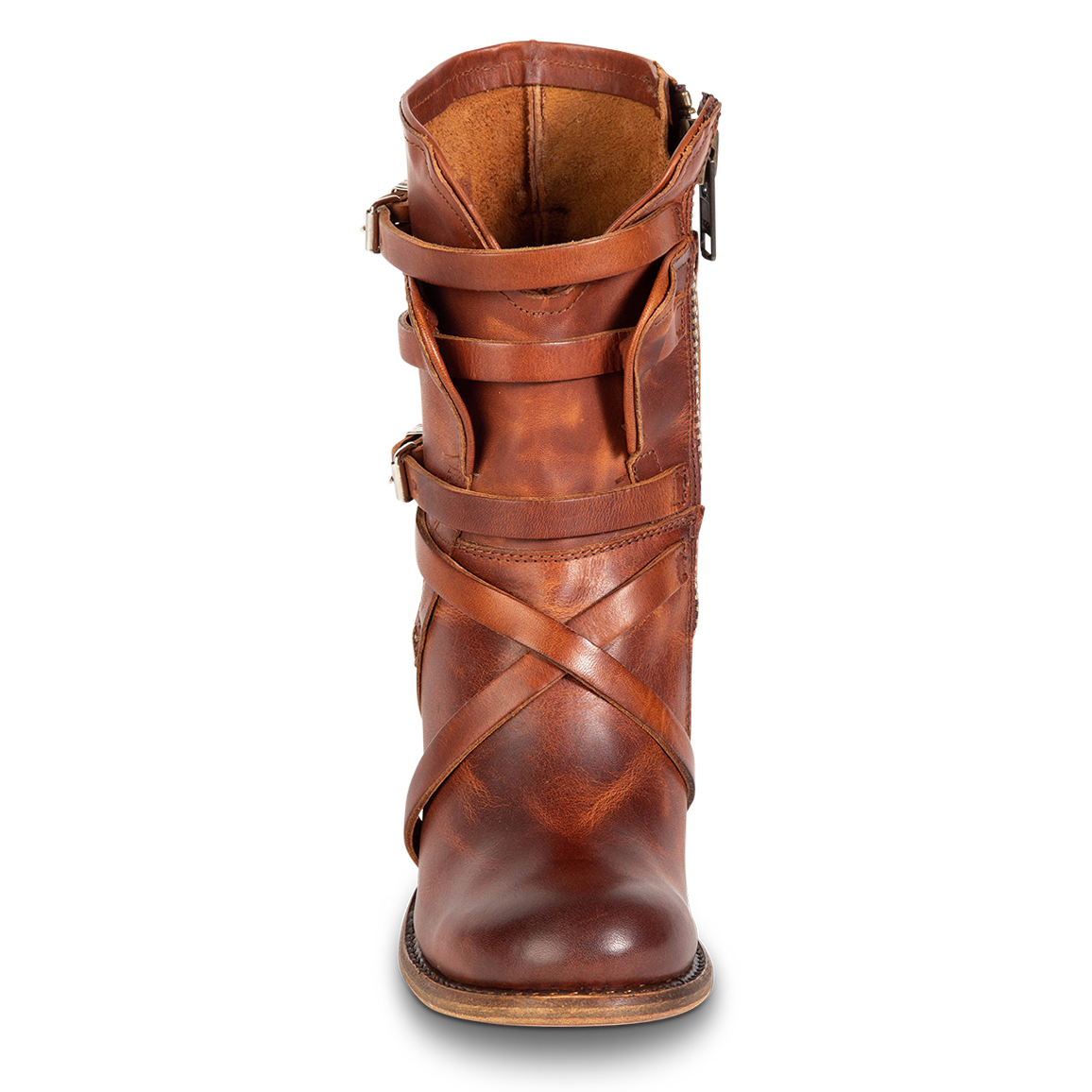 Front view showing front cut-out and leather fashion straps on FREEBIRD women's Baker cognac boot