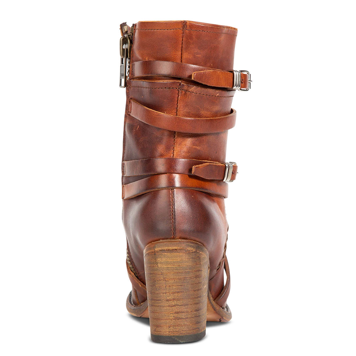 Back view showing adjustable leather straps with silver hardware on FREEBIRD women's Baker cognac boot