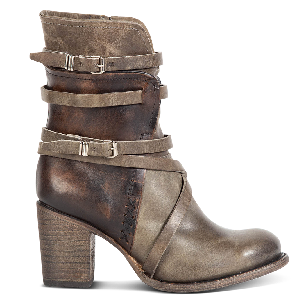 FREEBIRD women's Baker stone inside brass zip closure boot with fashion straps and stacked heel