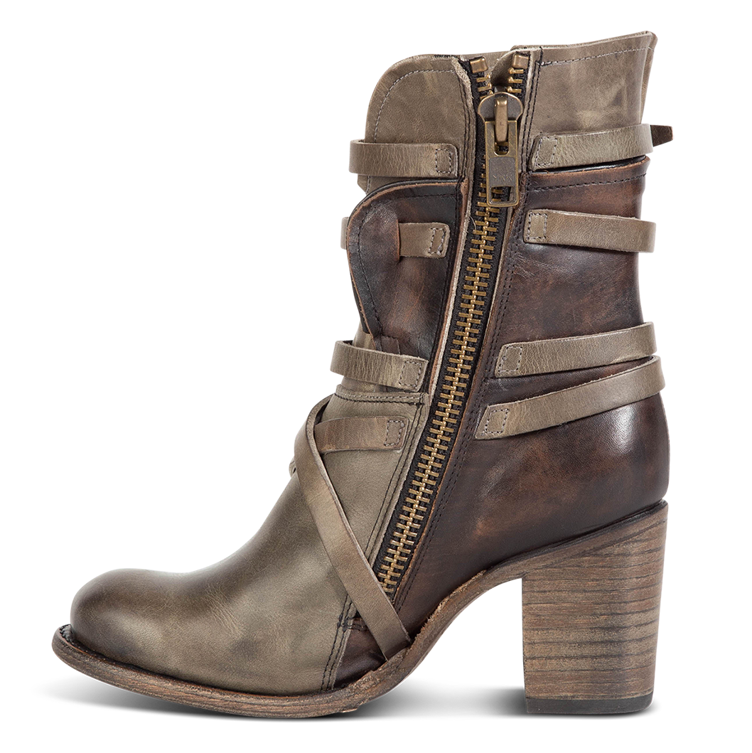 Inside view showing working brass zip closure and stacked heel on FREEBIRD women's Baker stone boot