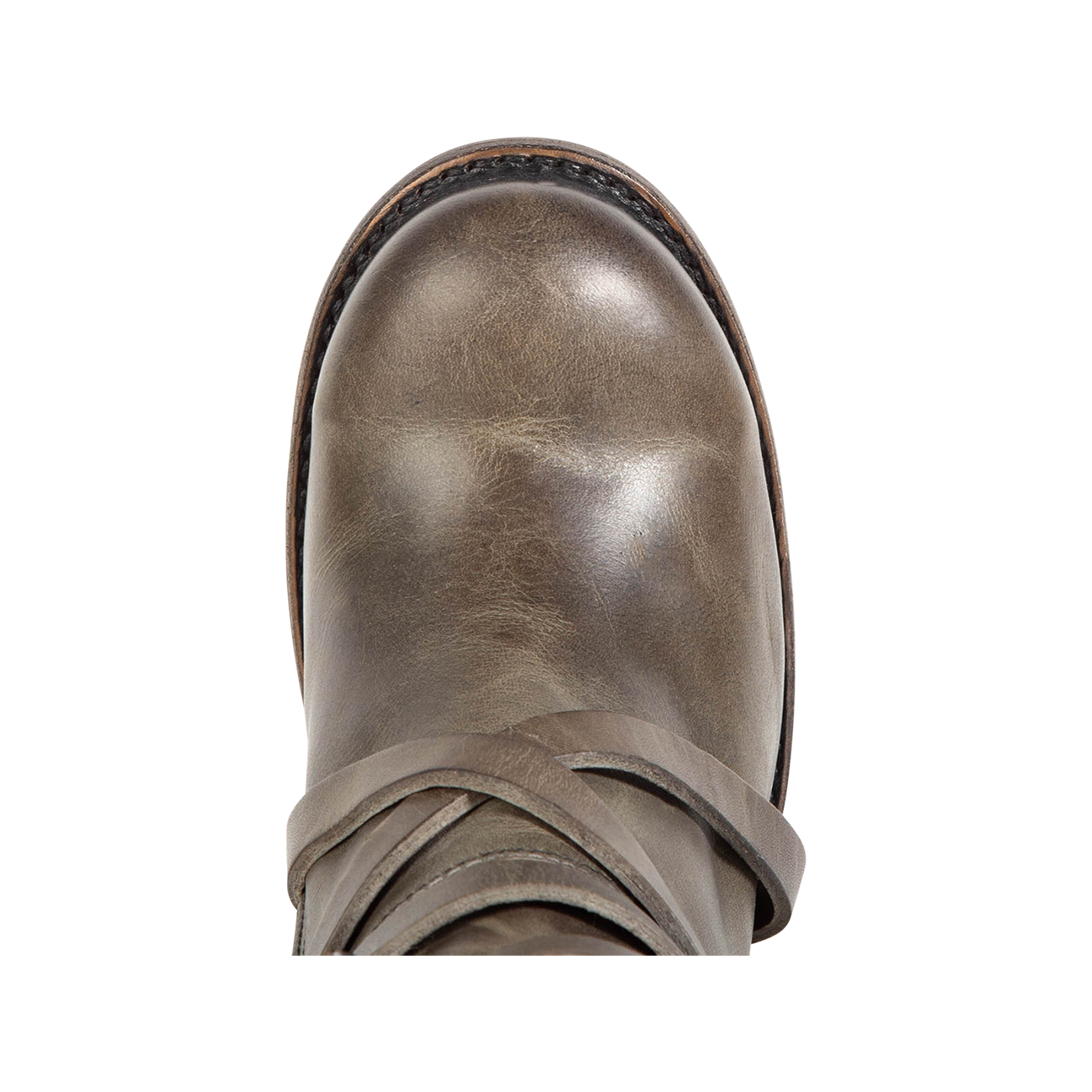 Top view showing round toe and leather ankle straps on FREEBIRD women's Baker stone boot