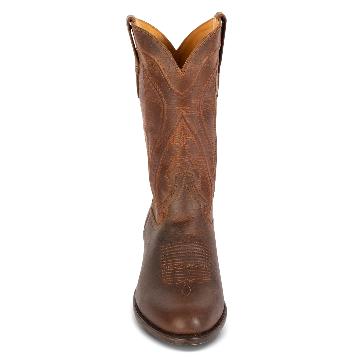 Front view showing stitch detailing on shaft on FREEBIRD men's Bandito brown leather boot