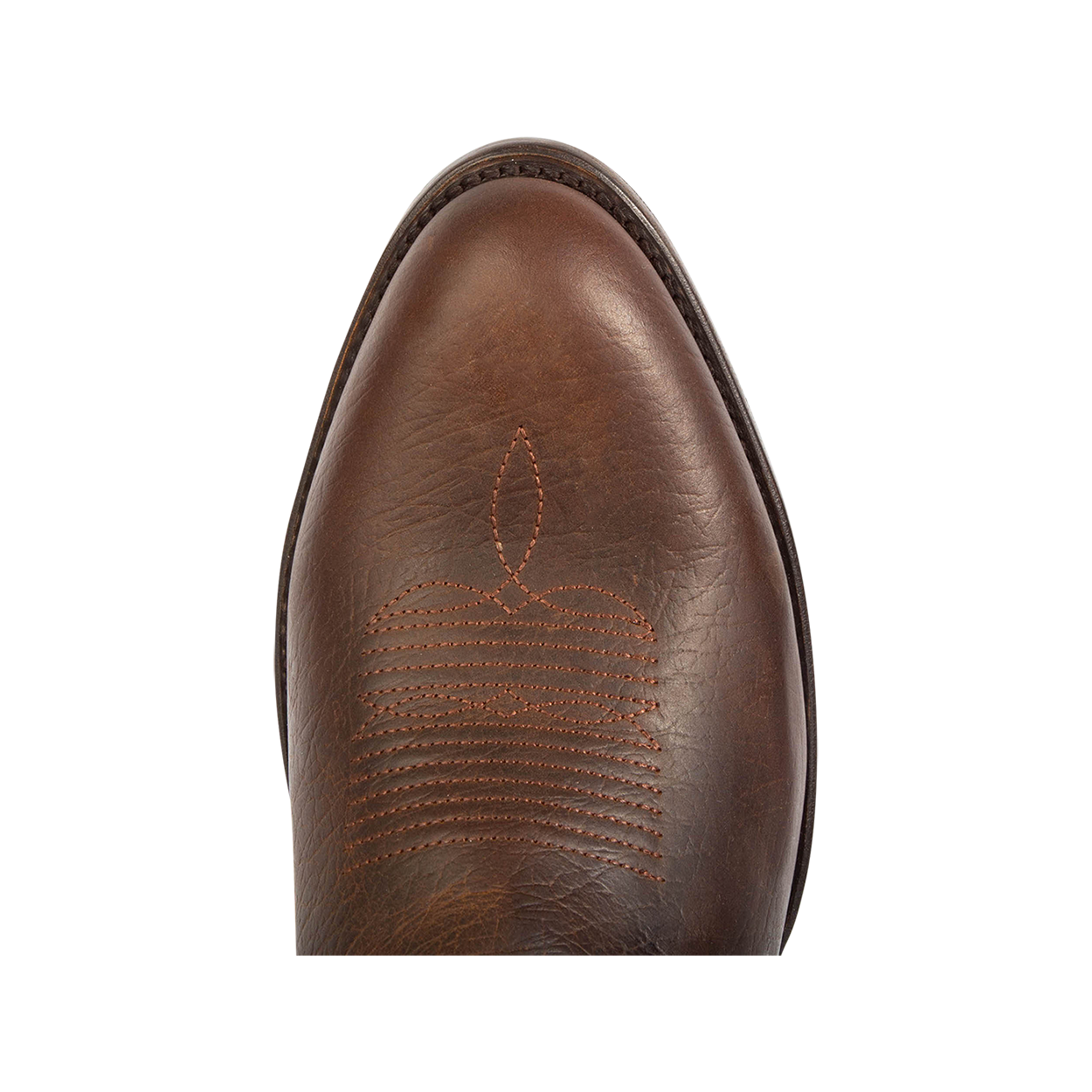 Top view showing traditional toe shape and stitch detailing on FREEBIRD men's Bandito brown leather boot