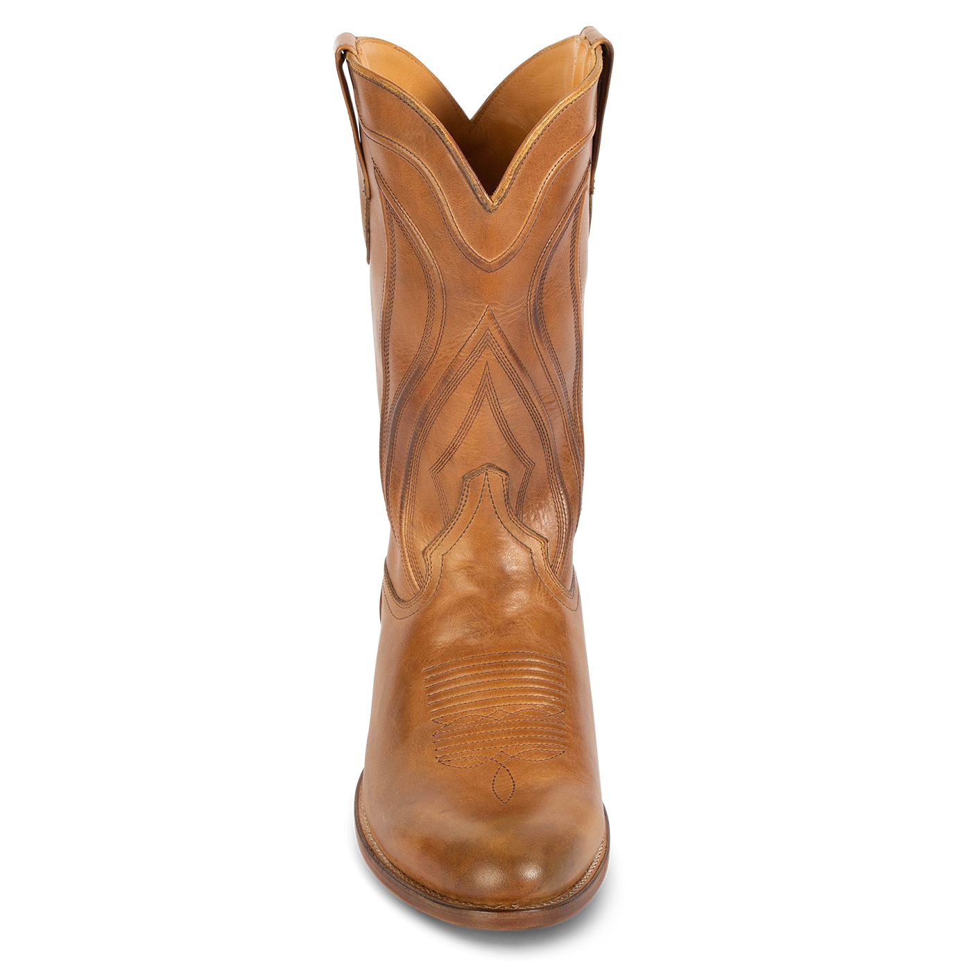 Front view showing stitch detailing on shaft on FREEBIRD men's Bandito brown leather boot