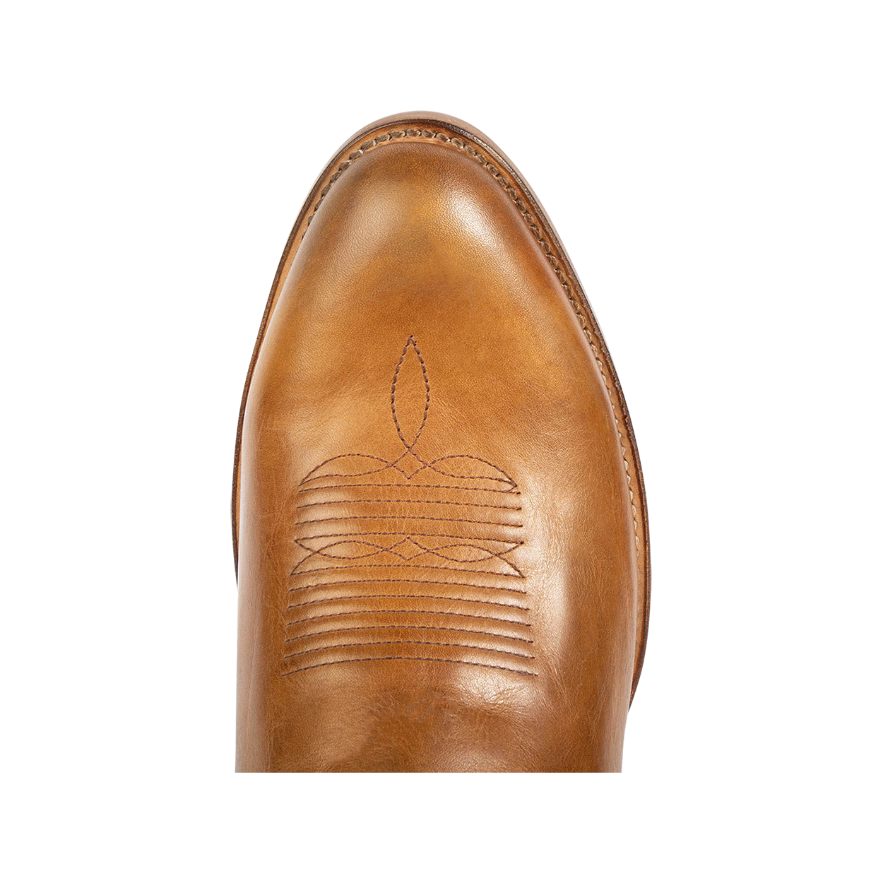 Top view showing traditional toe shape and stitch detailing on FREEBIRD men's Bandito camel leather boot
