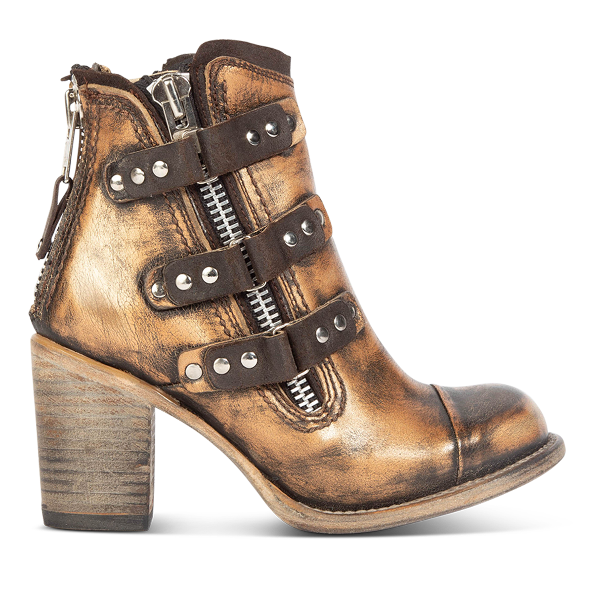 FREEBIRD women's Beckett bronze full grain leather bootie with inside zip closure, stacked heel, and embellished leather overlays