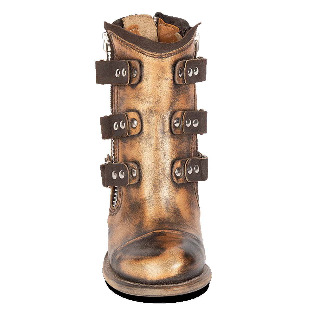 Front view showing round toe and stud embellished leather overlays on FREEBIRD women's Beckett bronze leather bootie