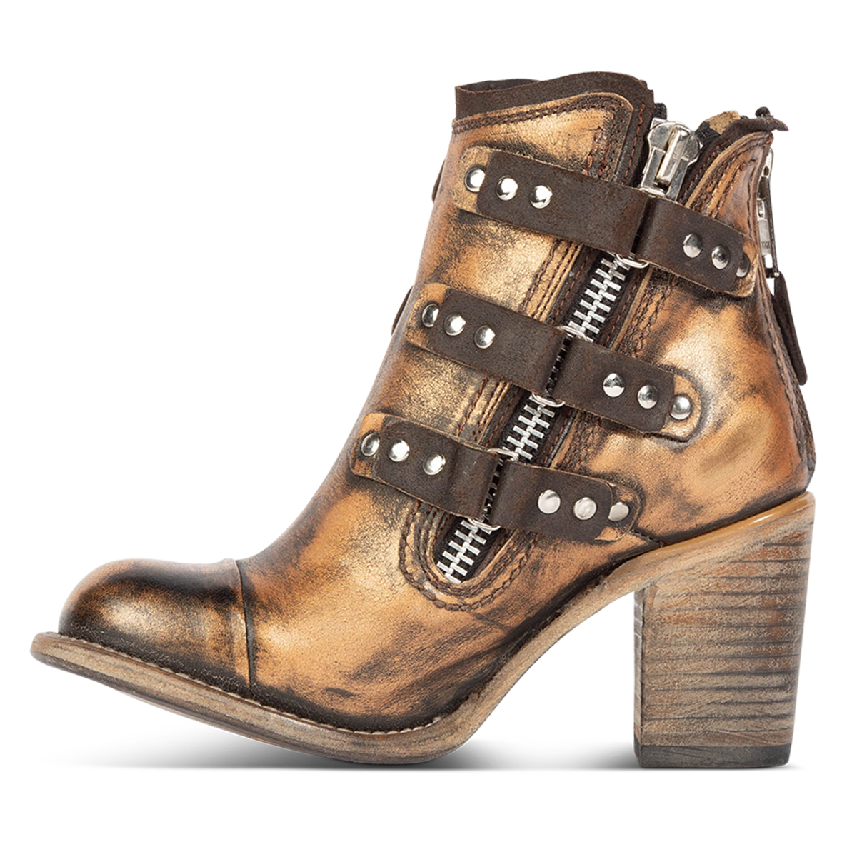 Inside view showing zip closure and embellished leather overlays on FREEBIRD women's Beckett bronze leather bootie
