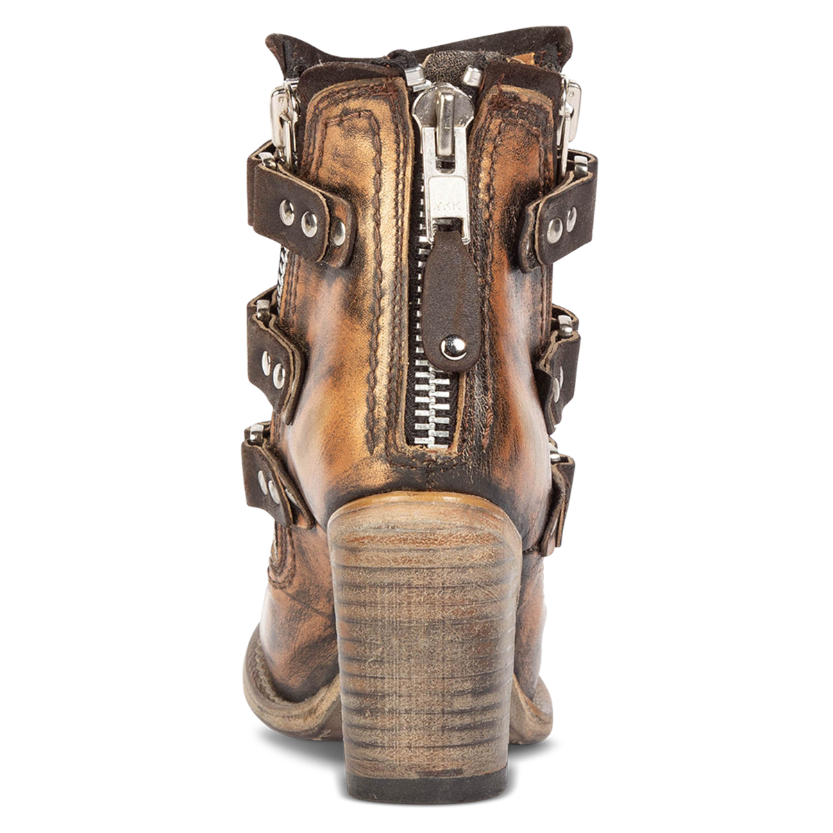 Back view showing back zip closure and stacked wooden heel on FREEBIRD women's Beckett bronze leather bootie