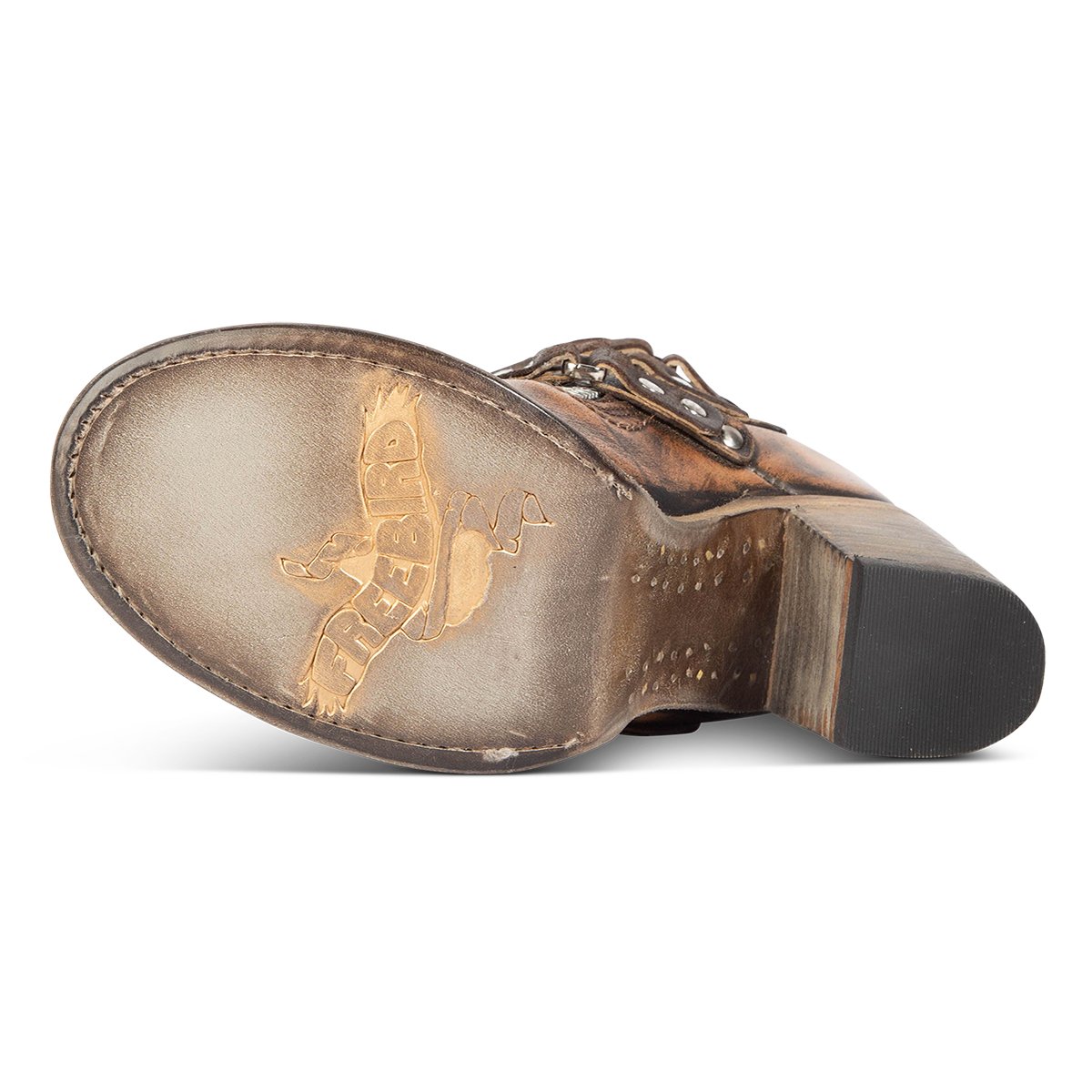 Leather sole imprinted with FREEBIRD on women's Beckett bronze leather bootie