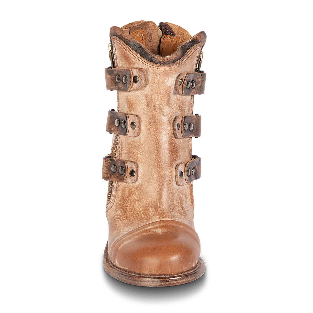 Front view showing round toe and stud embellished leather overlays on FREEBIRD women's Beckett taupe leather bootie