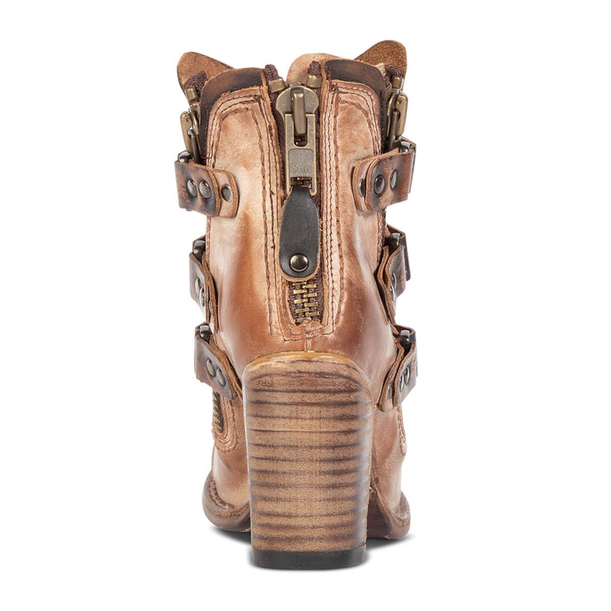 Back view showing back zip closure and stacked wooden heel on FREEBIRD women's Beckett taupe leather bootie