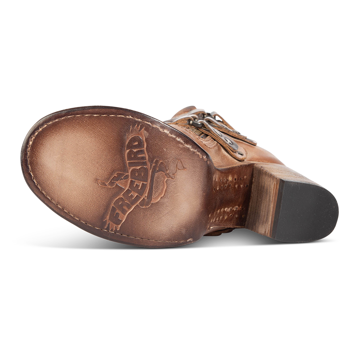Leather sole imprinted with FREEBIRD on women's Beckett taupe leather bootie
