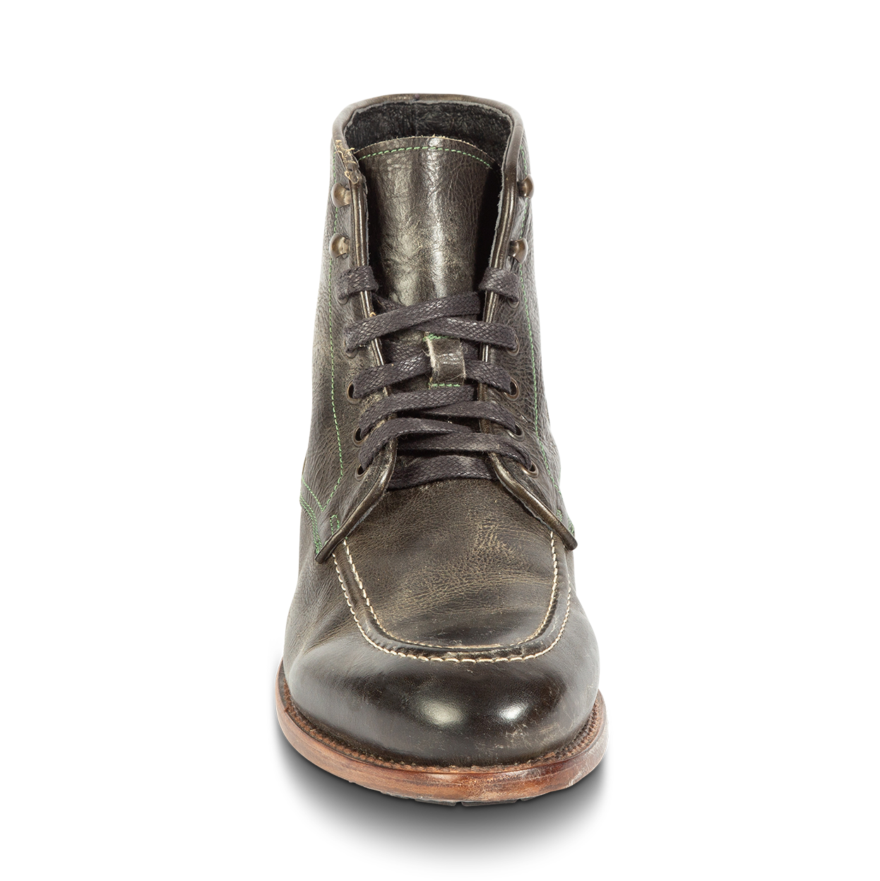Front view showing leather tongue construction and adjustable leather lace closure on FREEBIRD men's Benning olive boot