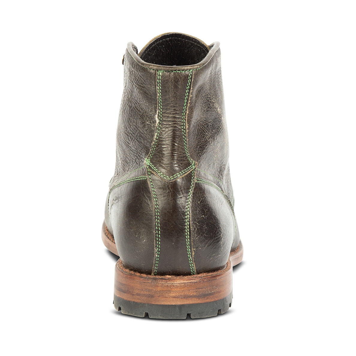 Back view showing stitch detailing and leather tread sole on FREEBIRD men's Benning olive boot