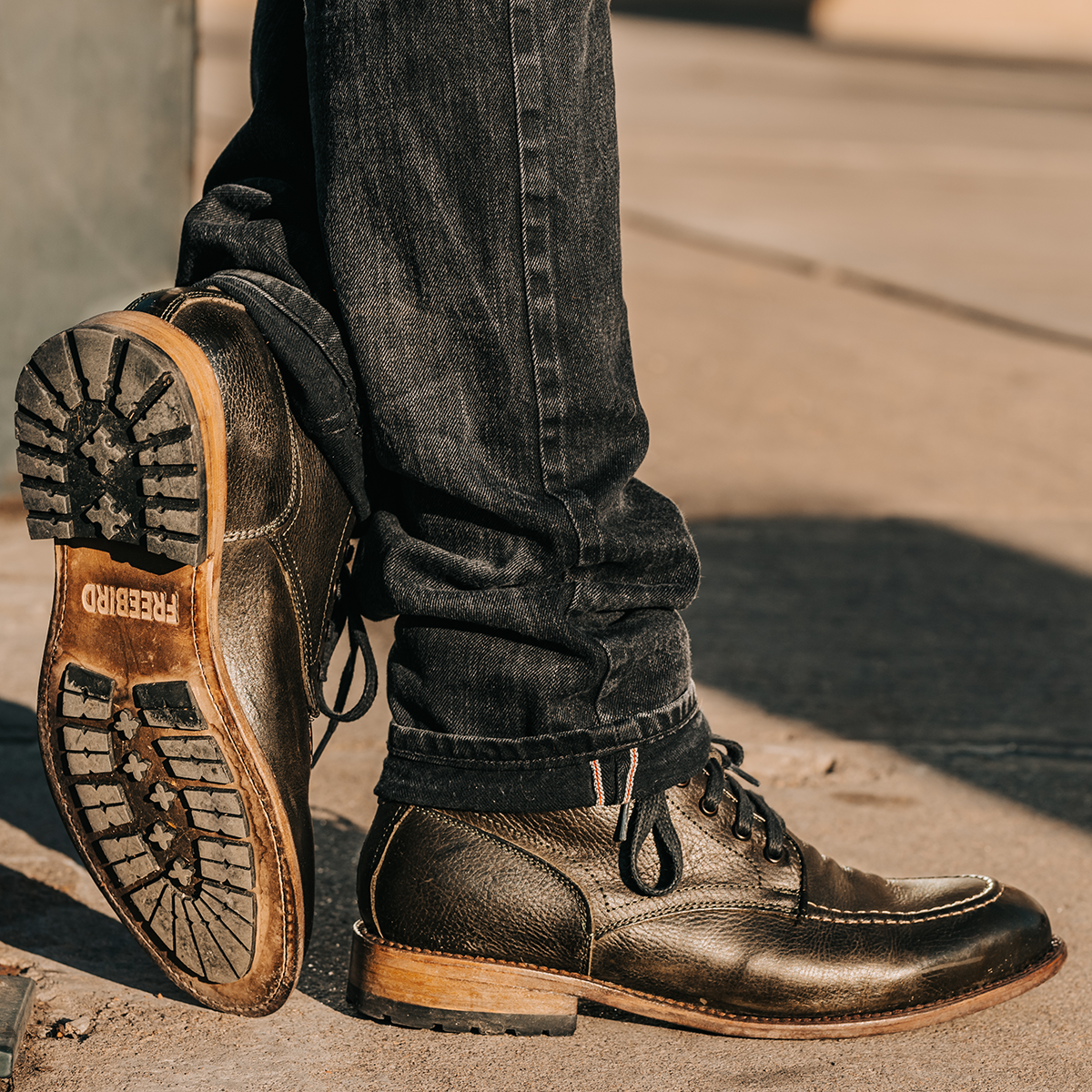 FREEBIRD men's Benning olive front lace closure boot with tread sole