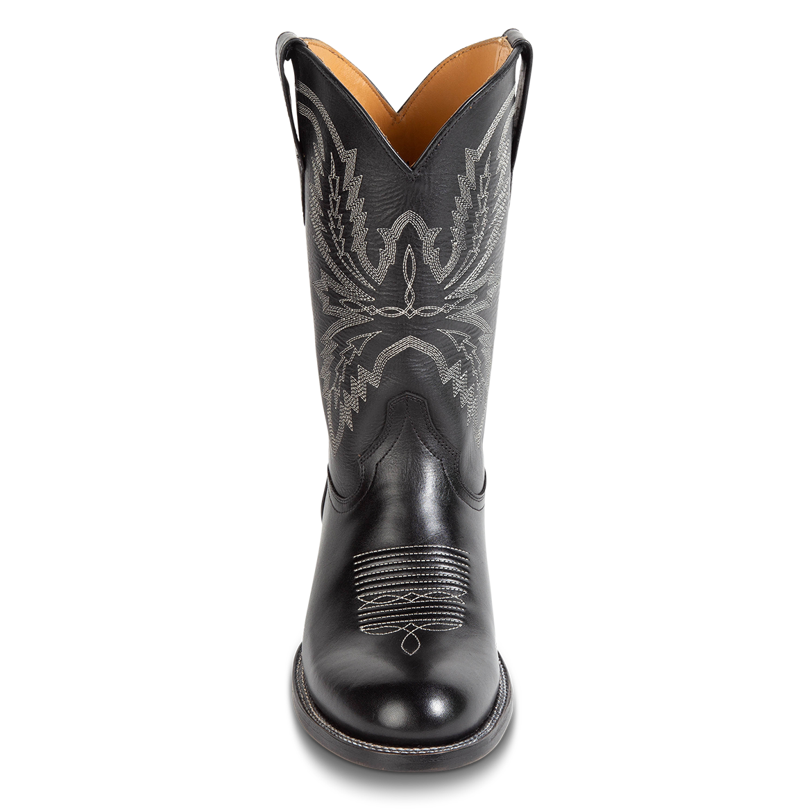 Front view showing unique shaft stitch detailing, pull straps, and a traditional toe stitch on FREEBIRD men's Bison Black heeled cowboy boot