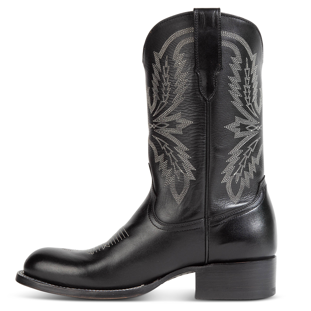 Inside view showing unique shaft stitch detailing, pull straps, and a traditional toe stitch on FREEBIRD men's Bison Black cowboy boot