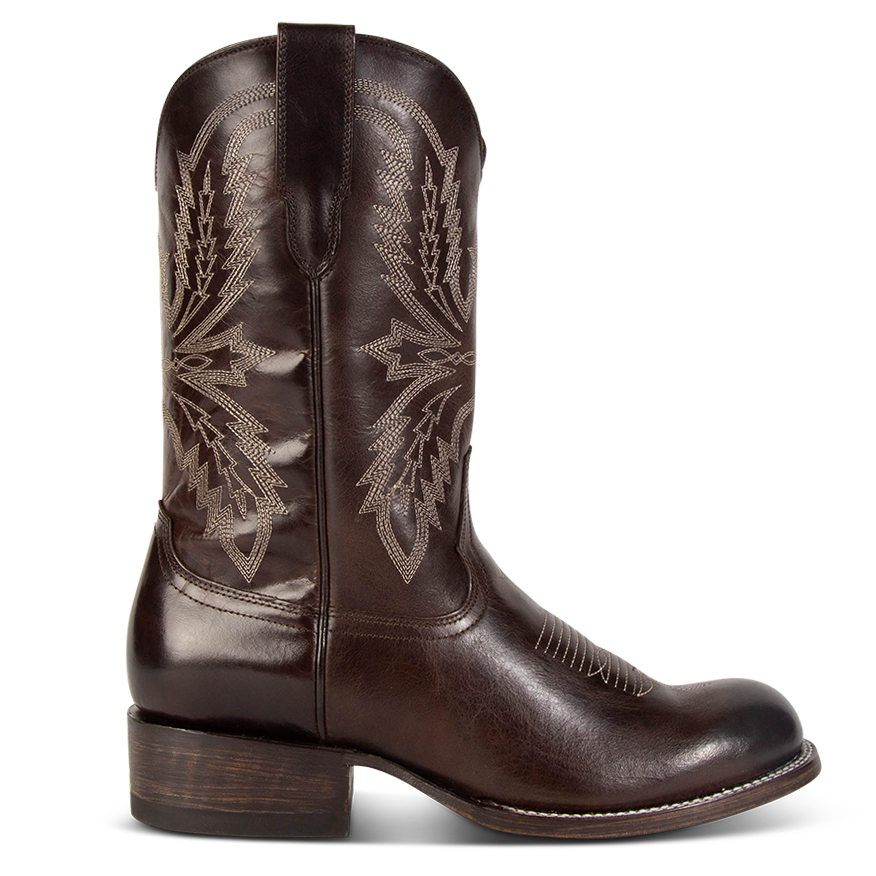 FREEBIRD men's Bison brown featuring a round toe, unique shaft stitch detailing, pull straps, and a traditional toe stitch