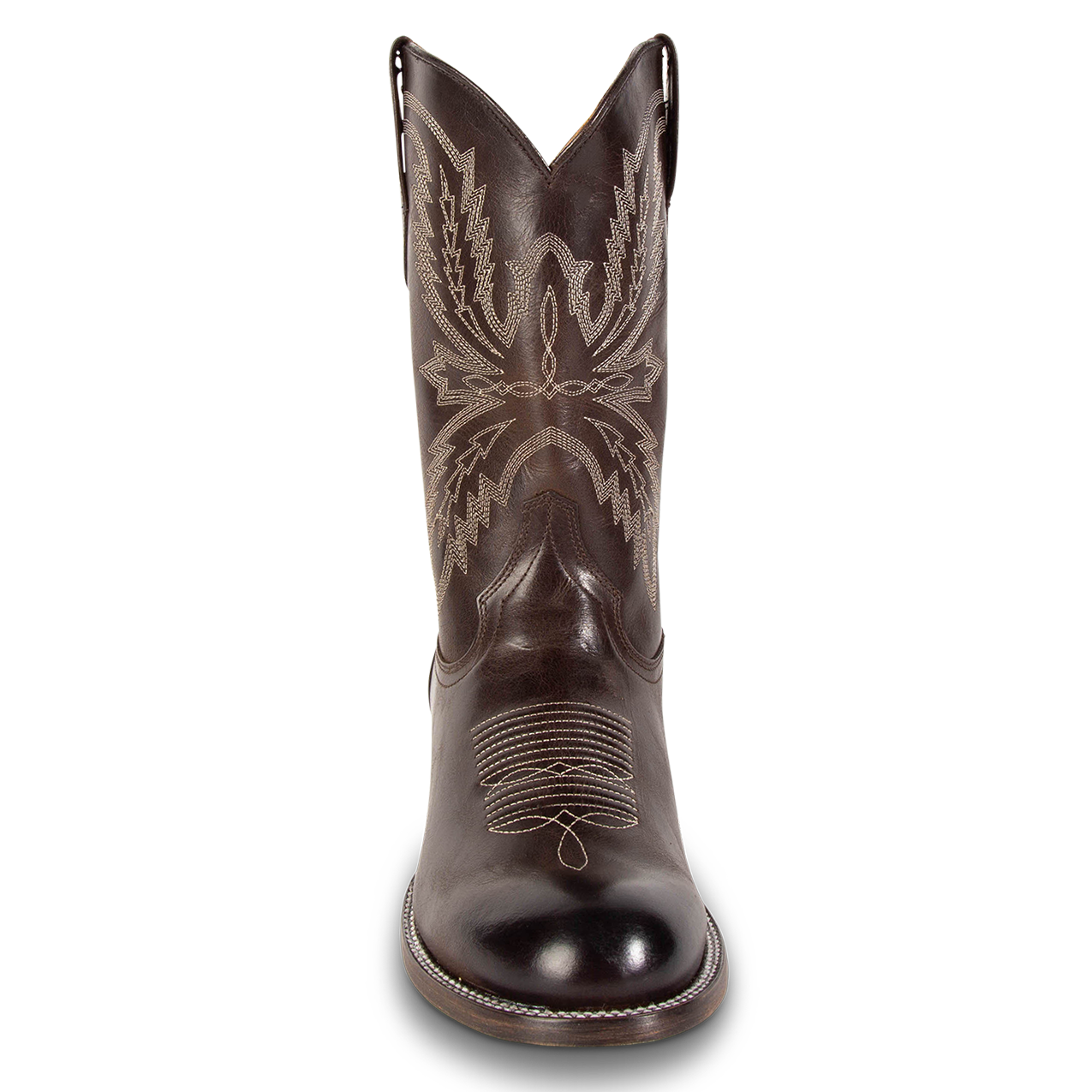 Front view showing unique shaft stitch detailing, pull straps, and a traditional toe stitch on FREEBIRD men's Bison brown heeled cowboy boot