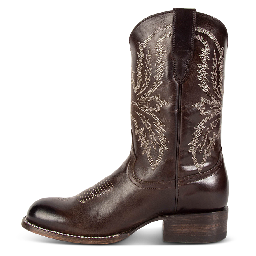 Inside view showing unique shaft stitch detailing, pull straps, and a traditional toe stitch on FREEBIRD men's Bison brown cowboy boot