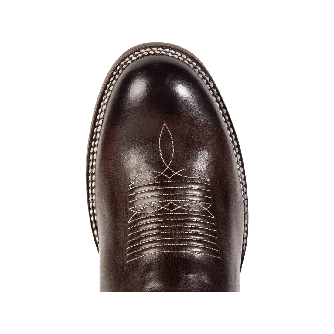 Top view showing traditional toe stitch on FREEBIRD men's Bison brown cowboy boot