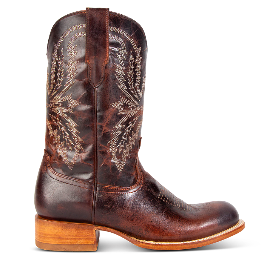 FREEBIRD men's Bison cognac featuring a round toe, unique shaft stitch detailing, pull straps, and a traditional toe stitch