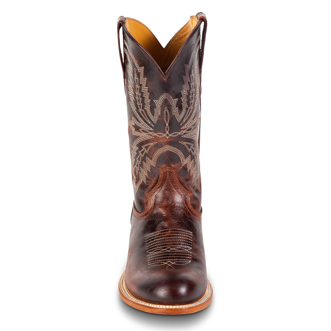 Front view showing unique shaft stitch detailing, pull straps, and a traditional toe stitch on FREEBIRD men's Bison cognac heeled cowboy boot