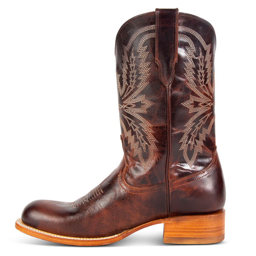 Inside view showing unique shaft stitch detailing, pull straps, and a traditional toe stitch on FREEBIRD men's Bison cognac cowboy boot