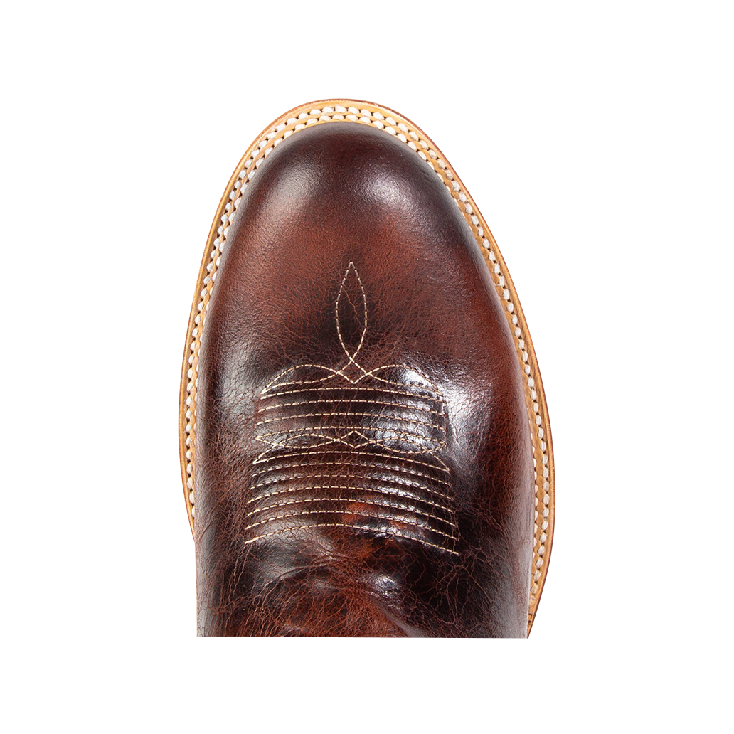 Top view showing traditional toe stitch on FREEBIRD men's Bison cognac cowboy boot