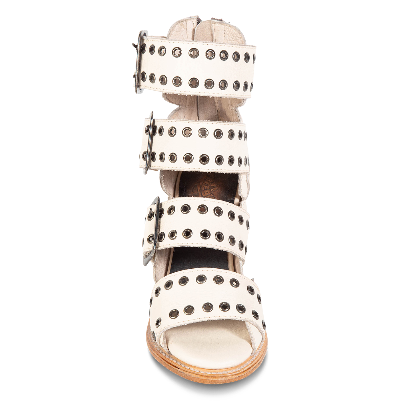 Front view showing thick straps and metal eyelets on FREEBIRD women's Blake beige sandal