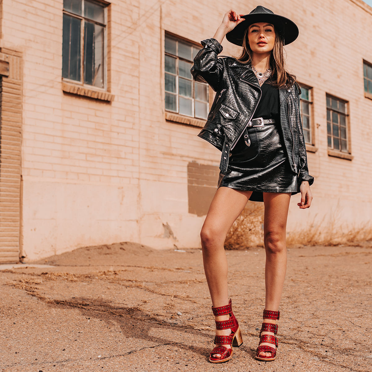FREEBIRD women's Blake red sandal with thick straps, metal eyelets and high-heel lifestyle