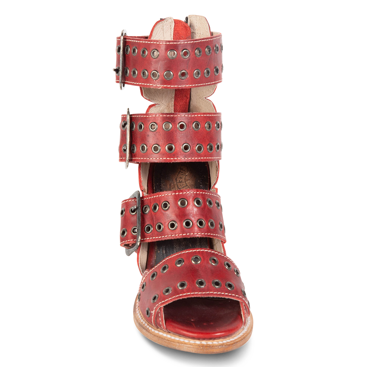 Front view showing thick straps and metal eyelets on FREEBIRD women's Blake red sandal