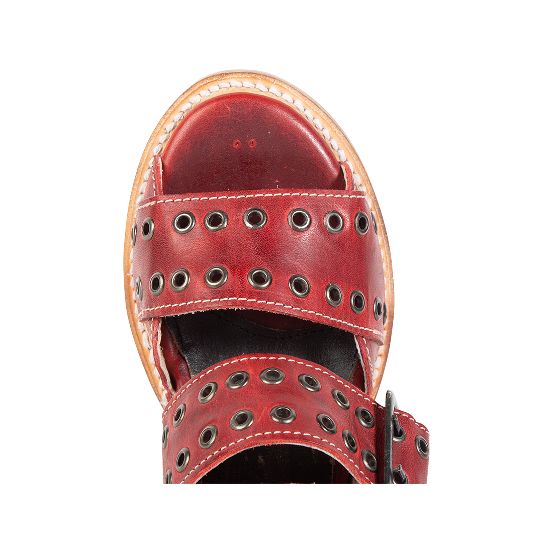 Top view showing round toe and metal buckles on FREEBIRD women's Blake red sandal