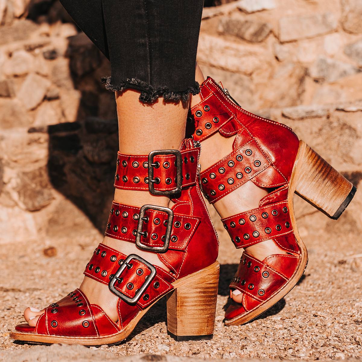 FREEBIRD women's Blake red sandal with thick straps, metal eyelets and high-heel