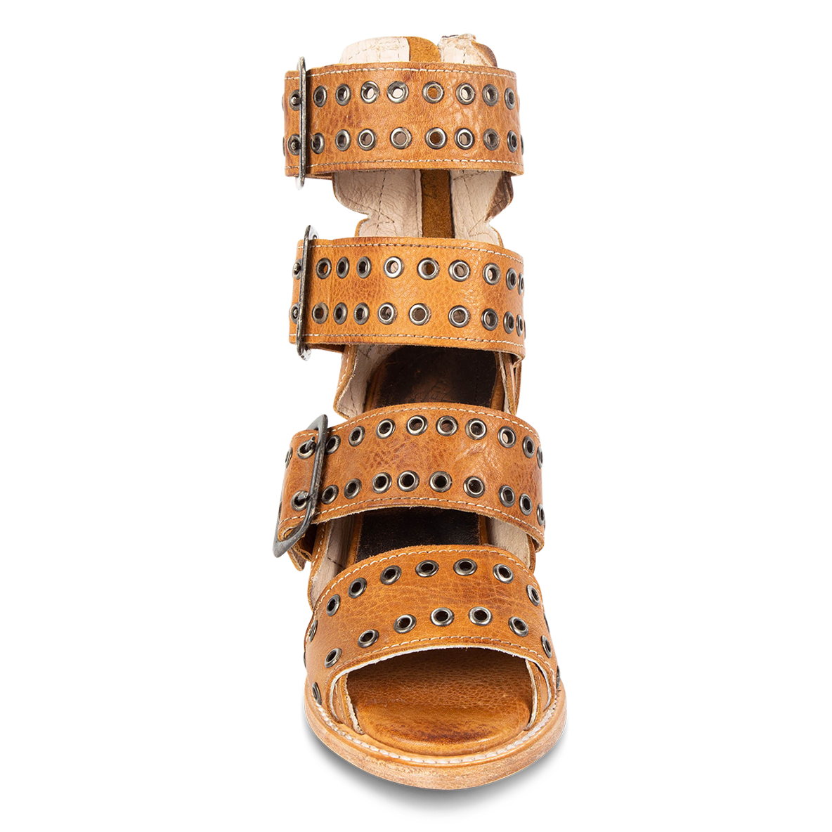 Front view showing thick straps and metal eyelets on FREEBIRD women's Blake wheat sandal