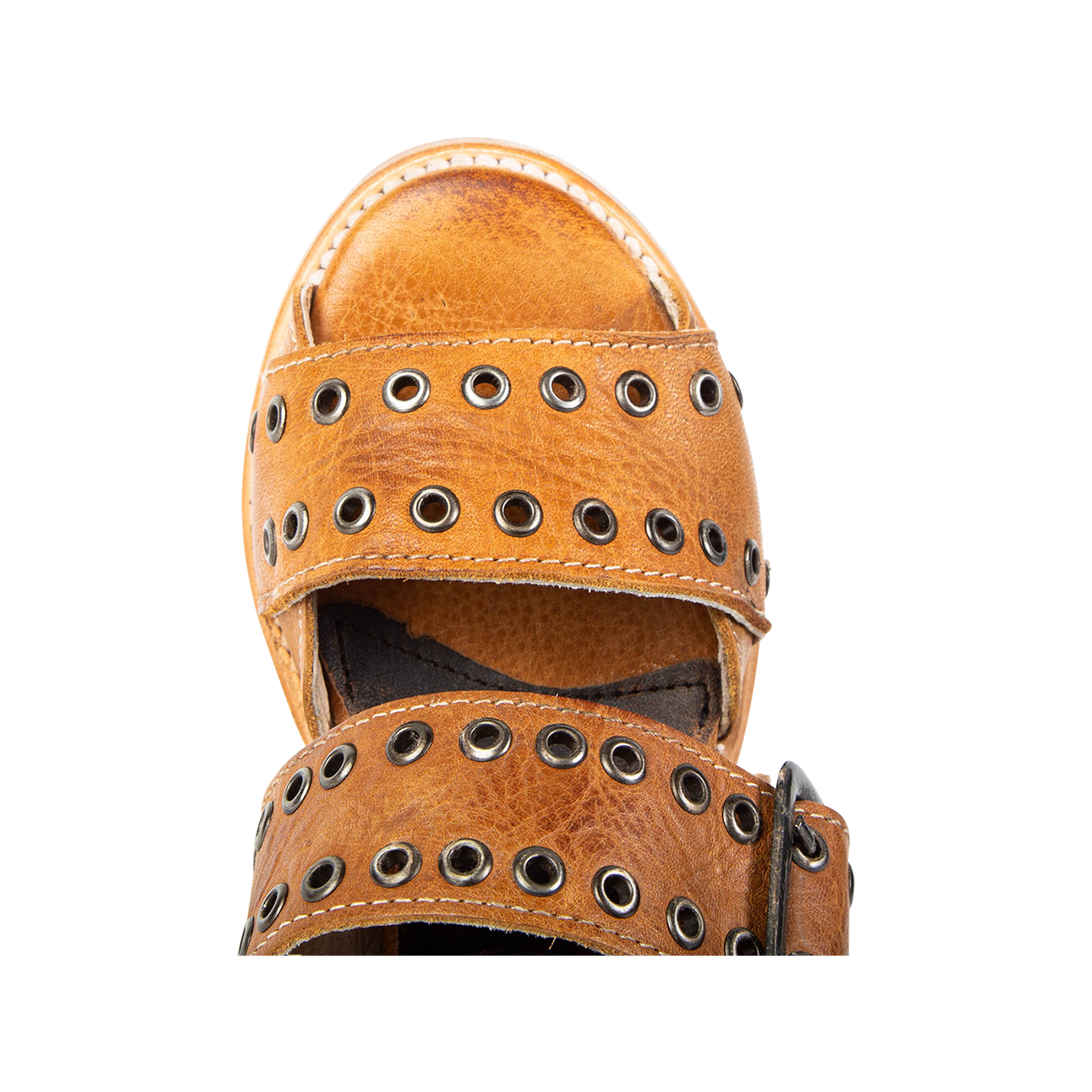 Top view showing round toe and metal buckles on FREEBIRD women's Blake wheat sandal