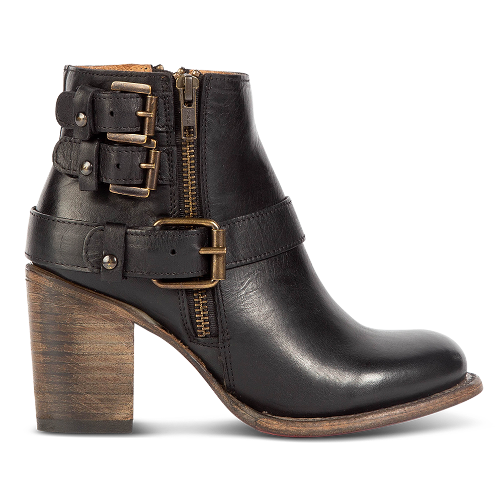 FREEBIRD women's Bolo black ankle bootie with double zip closures and fashion buckles with brass hardware