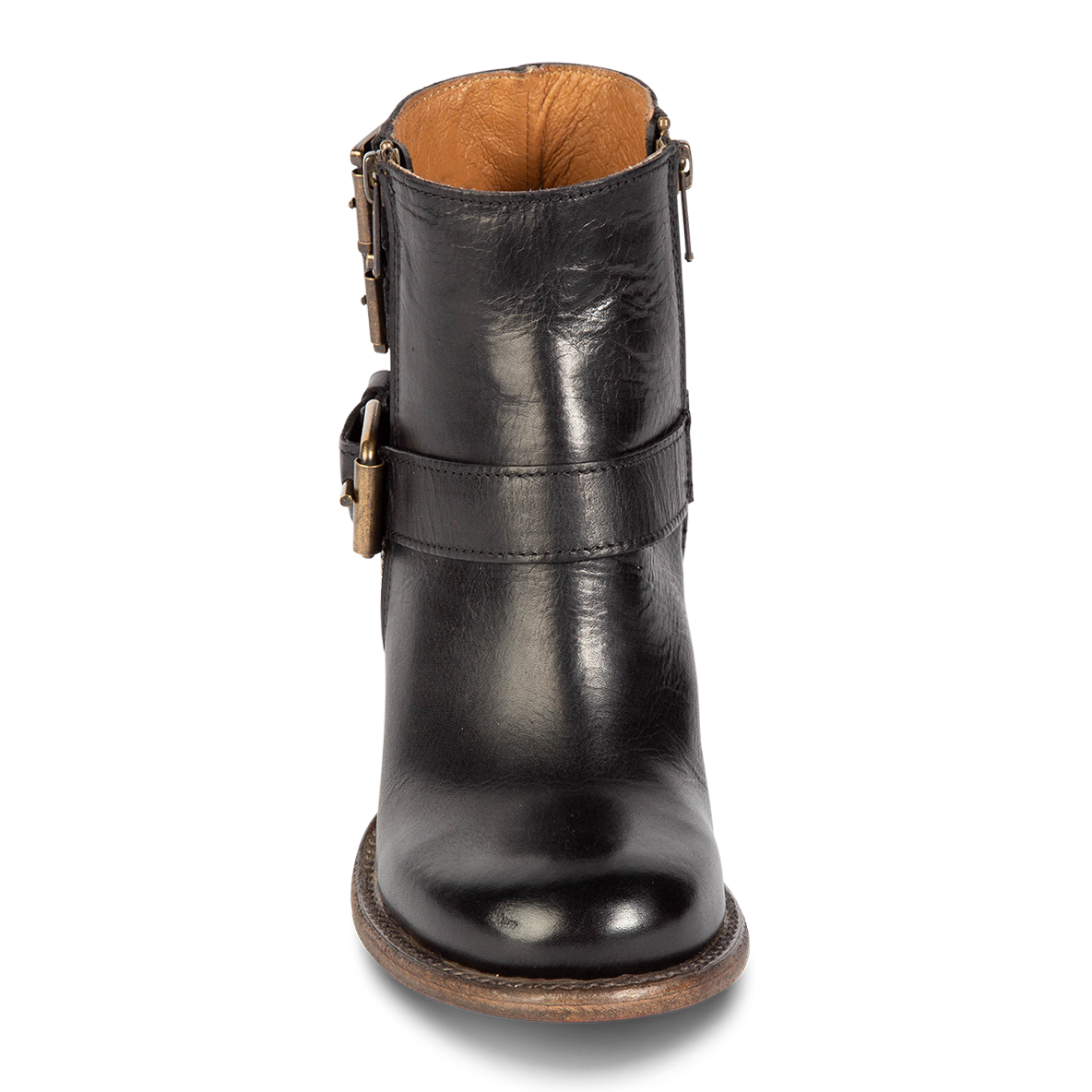 Front view showing ankle strap on FREEBIRD women's Bolo black ankle bootie