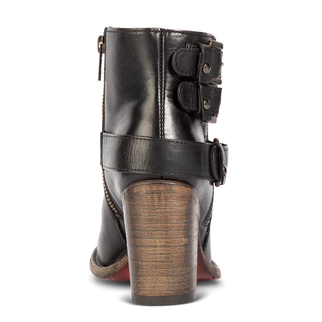 Back view showing ankle straps and leather heel on FREEBIRD women's Bolo black ankle bootie