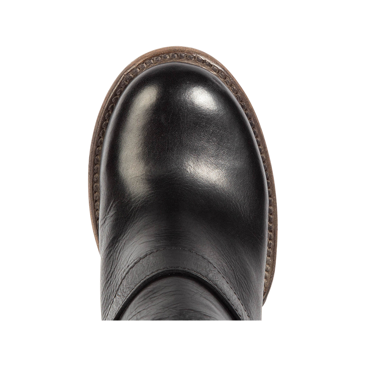 Top view showing round toe on FREEBIRD women's Bolo black ankle bootie