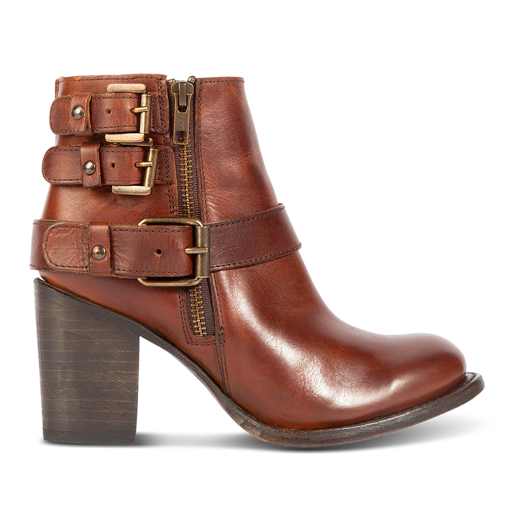 FREEBIRD women's Bolo cognac ankle bootie with double zip closures and fashion buckles with brass hardware